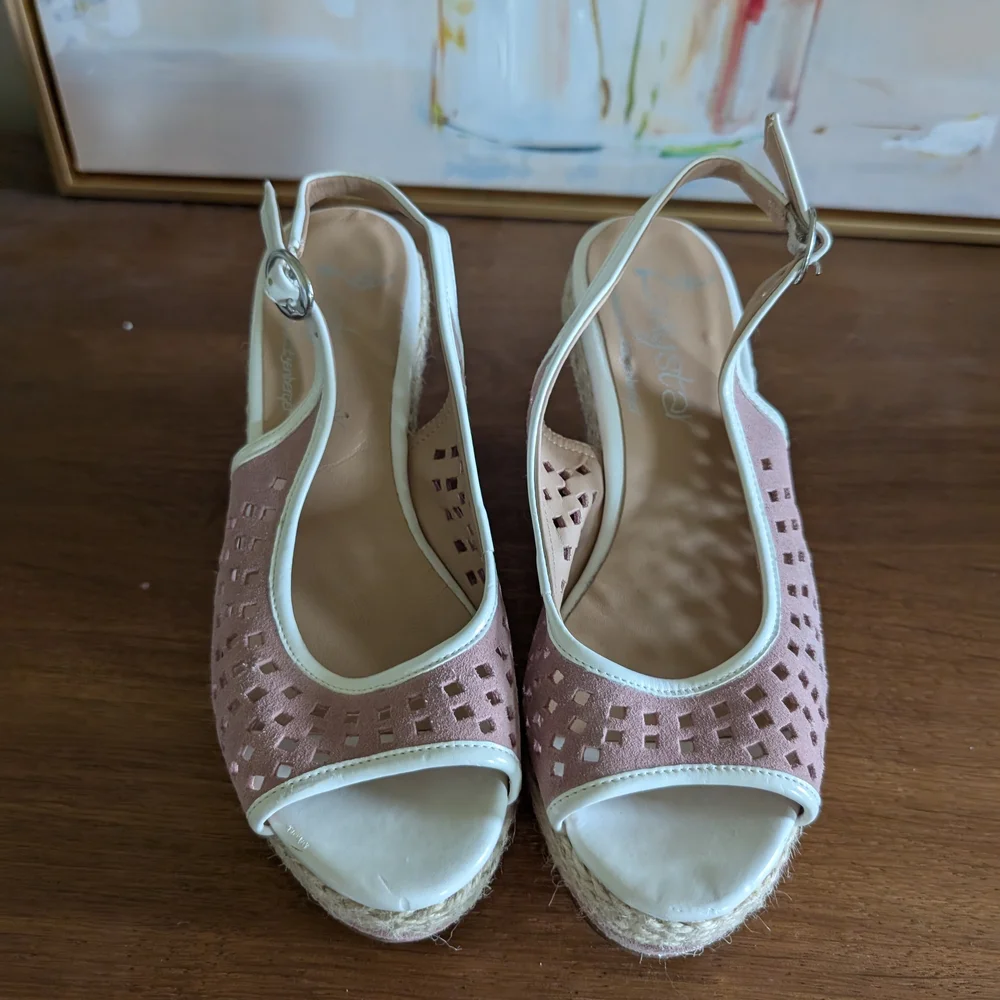 New Pink Leather d White Wedge Shoes - Picture 5 of 6